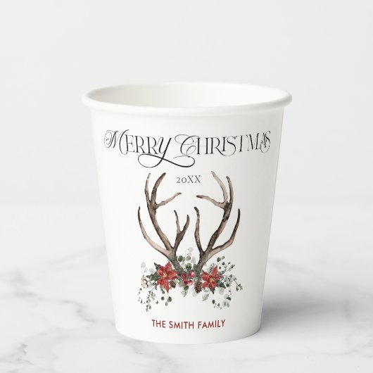 Waterverf hert Vrolijk Kerstfeest Botanisch Papieren Bekers (Achterkant)