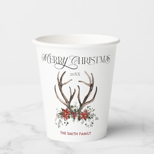 Waterverf hert Vrolijk Kerstfeest Botanisch Papieren Bekers (Voorkant)
