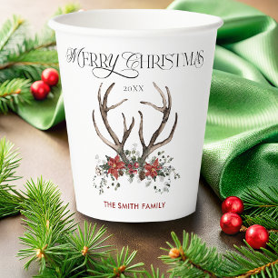 Waterverf hert Vrolijk Kerstfeest Botanisch Papieren Bekers