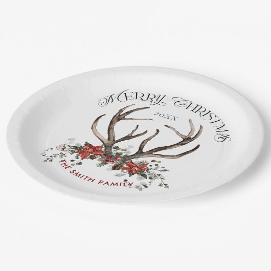 Waterverf hert Vrolijk Kerstfeest Botanisch Papieren Bordje (Gekanteld)