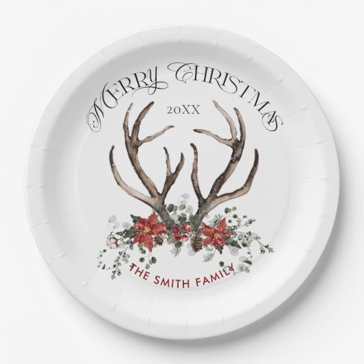 Waterverf hert Vrolijk Kerstfeest Botanisch Papieren Bordje (Voorkant)