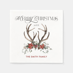 Waterverf hert Vrolijk Kerstfeest Botanisch Servet