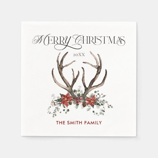 Waterverf hert Vrolijk Kerstfeest Botanisch Servet (Voorkant)