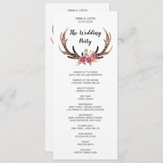 Waterverf Herten Antlers Boheemse land bruiloft Programmakaart (Voorkant / Achterkant)
