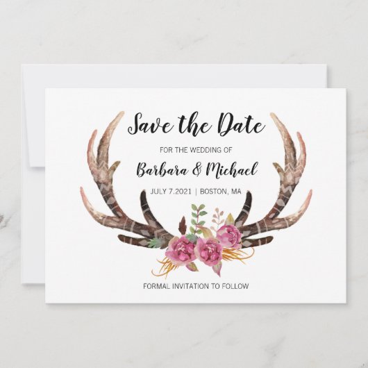 Waterverf Herten Antlers Boheemse land bruiloft Save The Date (Voorkant)