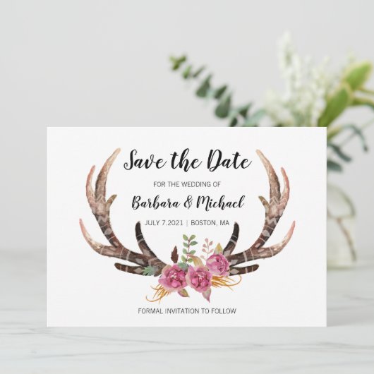 Waterverf Herten Antlers Boheemse land bruiloft Save The Date (Staand voorkant)