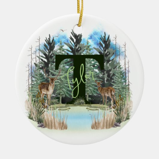 Waterverf Herten gepersonaliseerd Monogram Letter  Keramisch Ornament (Voorkant)