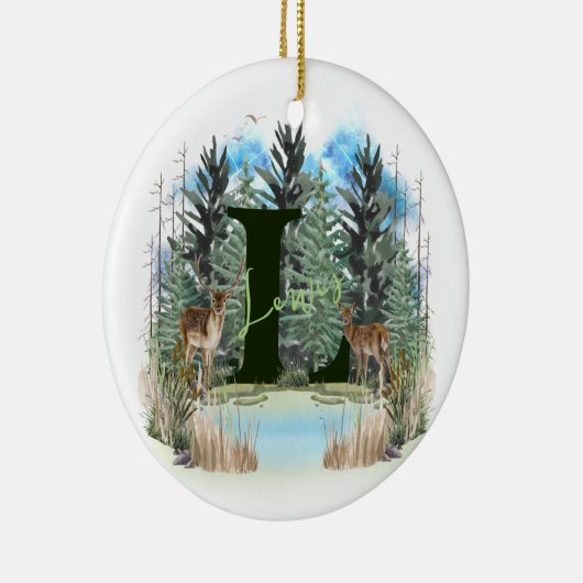 Waterverf Herten gepersonaliseerd Monogram Letter  Keramisch Ornament (Rechts)