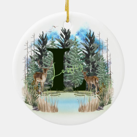 Waterverf Herten gepersonaliseerd Monogram Letter  Keramisch Ornament (Achterkant)