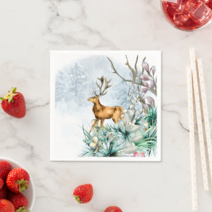 Waterverf Herten Hert Winter Bloem Kerstmis Servet