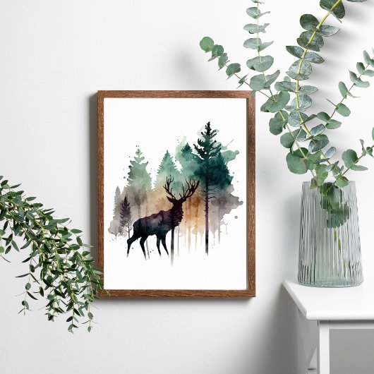 Waterverf Herten in Bosbomen Natuur Poster