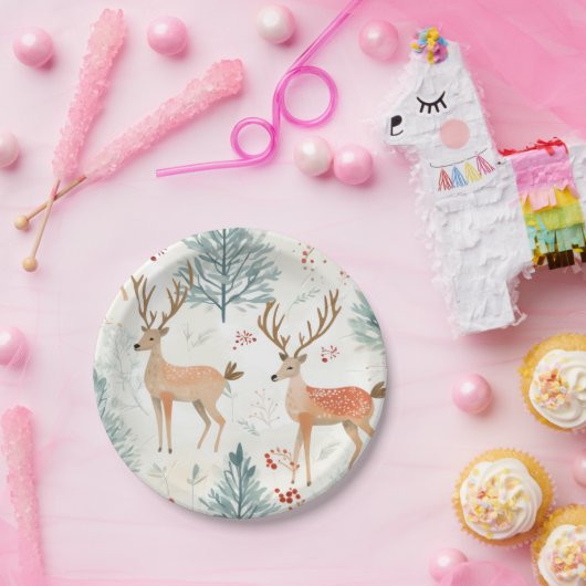 Waterverf Herten in Winterbos Kerstmis Papieren Bordje (Feest)