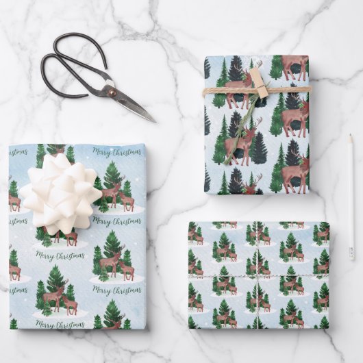 Waterverf Herten Kerstmis Inpakpapier Vel (Voorkant)