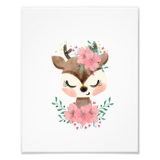 Waterverf Herten met Bloemen Foto Print Afdruk