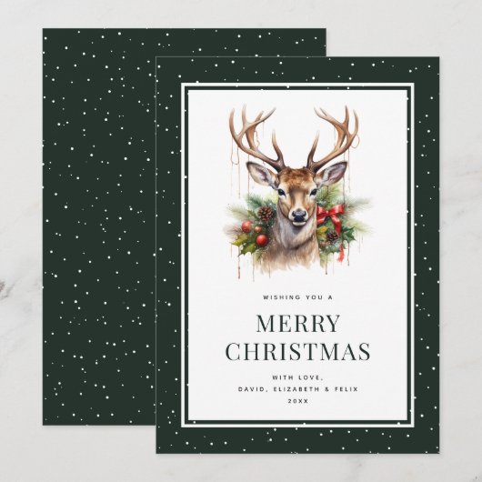 Waterverf Herten Snowy Green Vrolijk Kerstfeest Feestdagenkaart (Voorkant / Achterkant)