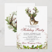 Waterverf Herten, Vogels Holly Berry Vakantie Part Kaart (Voorkant / Achterkant)