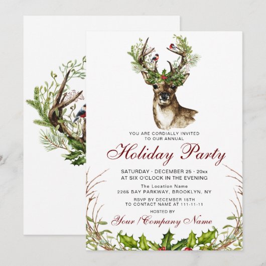 Waterverf Herten, Vogels Holly Berry Vakantie Part Kaart (Voorkant / Achterkant)