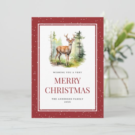 Waterverf hertenbos besneeuwd vrolijk kerstfeest K Feestdagenkaart (Staand voorkant)