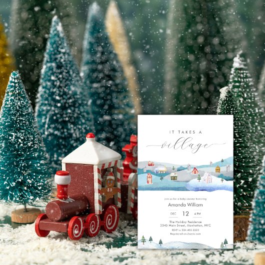 Waterverf Het Dorp Winter Baby Borrel Kaart
