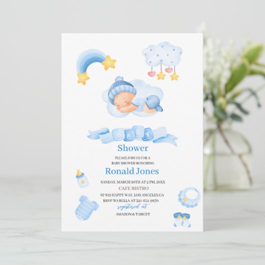 Waterverf het is jongen Blue Boho Nursery Baby Sho Kaart (Staand voorkant)
