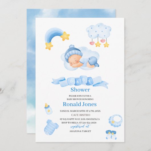 Waterverf het is jongen Blue Boho Nursery Baby Sho Kaart (Voorkant / Achterkant)