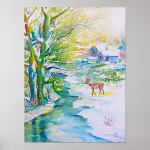 Waterverf Het Schilderen van sneeuw Deer Stream La Poster
