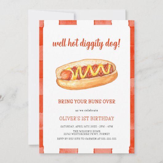 Waterverf Hete Dog Kinderen van Birthday Party Kaart (Voorkant)