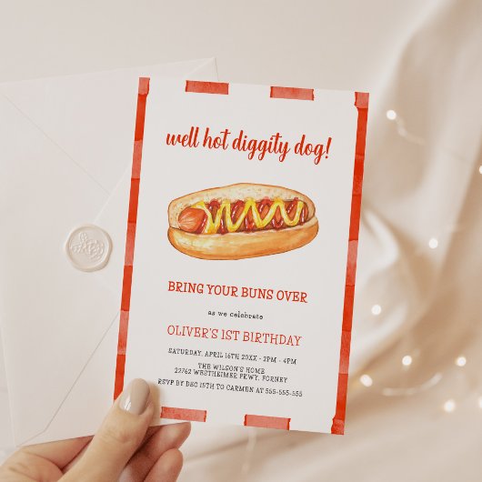 Waterverf Hete Dog Kinderen van Birthday Party Kaart