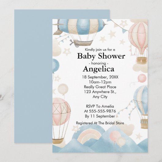 Waterverf Hete Luchtballon Baby shower Invitation Kaart (Voorkant / Achterkant)