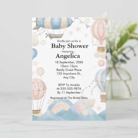 Waterverf Hete Luchtballon Baby shower Invitation Kaart (Staand voorkant)