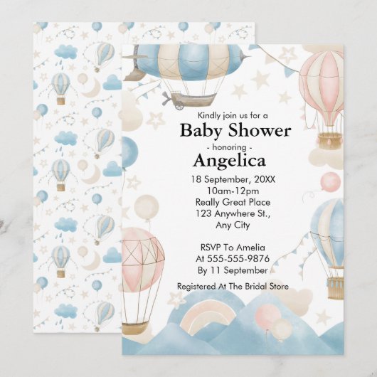 Waterverf Hete Luchtballon Baby shower Invitation Kaart (Voorkant / Achterkant)