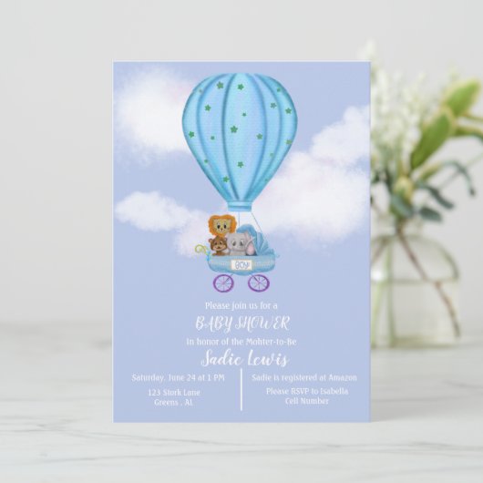 Waterverf Hete Luchtballon Baby shower Jongen Kaart (Staand voorkant)