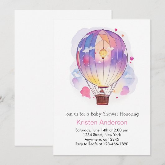 Waterverf Hete Luchtballon Meisje Baby shower Kaart (Voorkant / Achterkant)