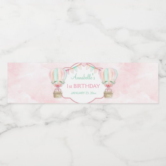 Waterverf Hete Luchtballon Mint Roze Perzik Waterfles Etiket (Enkel label)