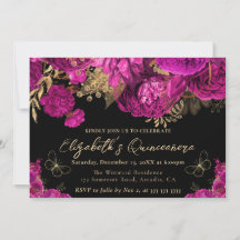 Waterverf hete roze en gouden bloemen Quinceanera