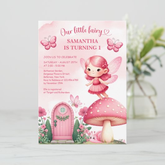 Waterverf hete roze feeëntuin feest meisje kaart (Staand voorkant)