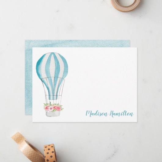 Waterverf heteluchtballon gepersonaliseerd briefpa notitiekaartje (Voorkant / Achterkant in situ)