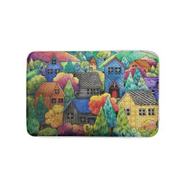 Waterverf heuveldorp met kleurrijke huizen badmat