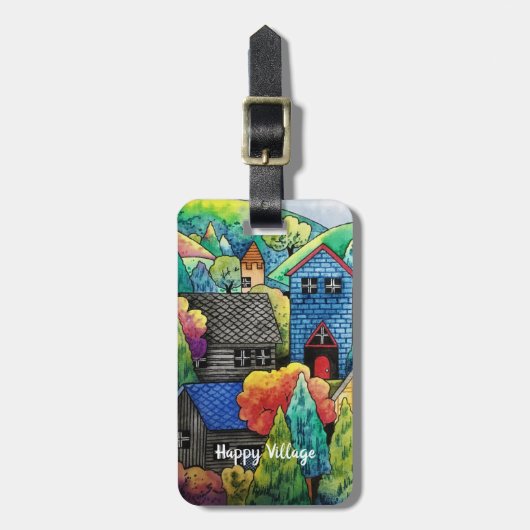 Waterverf heuveldorp met kleurrijke huizen bagagelabel (Voorkant verticaal)