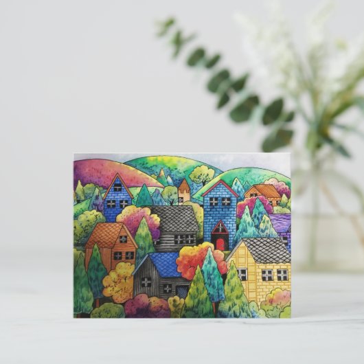Waterverf heuveldorp met kleurrijke huizen briefkaart (Staand voorkant)