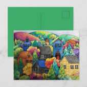 Waterverf heuveldorp met kleurrijke huizen briefkaart (Voorkant / Achterkant)