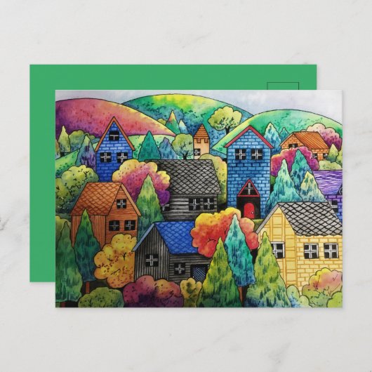 Waterverf heuveldorp met kleurrijke huizen briefkaart (Voorkant / Achterkant)