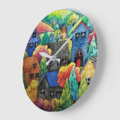 Waterverf heuveldorp met kleurrijke huizen grote klok (Hoek)