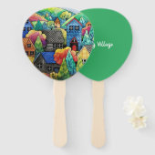 Waterverf heuveldorp met kleurrijke huizen handwaaier (Voorkant en achterkant)