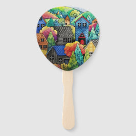 Waterverf heuveldorp met kleurrijke huizen handwaaier