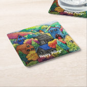 Waterverf heuveldorp met kleurrijke huizen kartonnen onderzetters (Schuin)