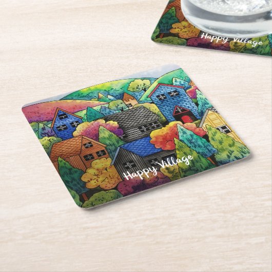 Waterverf heuveldorp met kleurrijke huizen kartonnen onderzetters (Schuin)