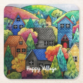Waterverf heuveldorp met kleurrijke huizen kartonnen onderzetters (Voorkant)