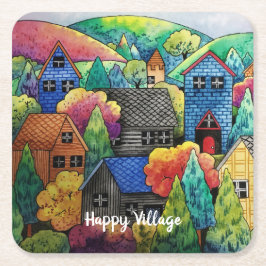 Waterverf heuveldorp met kleurrijke huizen kartonnen onderzetters