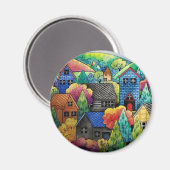 Waterverf heuveldorp met kleurrijke huizen magneet (Voorkant / Achterkant)